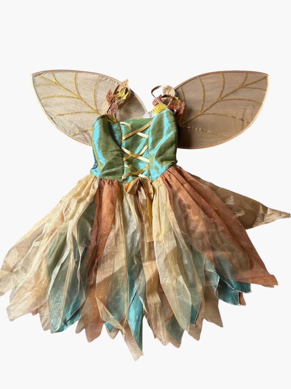 Wood Fairy Costume Dress & Wings Girls Woodland Halloween Size Medium 8-10